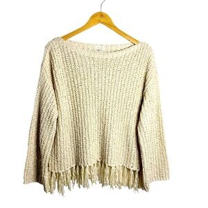 EN CRÈME Cream Bell Sleeve Boat Neck Sweater Size S Textured Fringed Hem